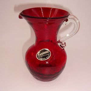 Vintage Kanawha Red Hand Crafted Glassware Crackle Glass Pitcher 5" Clear Handle